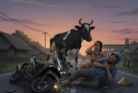 Ilustrasi :Sepeda motor tergeletak di jalan setelah menabrak sapi, menyisakan pengendara dalam kondisi terluka. Ilustrasi kejadian lakalantas tunggal yang sering terjadi.