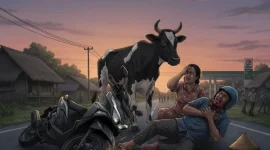 Ilustrasi :Sepeda motor tergeletak di jalan setelah menabrak sapi, menyisakan pengendara dalam kondisi terluka. Ilustrasi kejadian lakalantas tunggal yang sering terjadi.