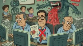 Guru'Sakit' Administrasi. Karikatur yang memperlihatkan seorang guru diperban dan terbaring di ranjang rumah sakit (sekolah), dengan diagnosa tertulis'Ijazah Komputer Tidak Valid di Dapodik'. Penderitaannya adalah rasa sakit menahun yang menghambat karier dan tunjangan.