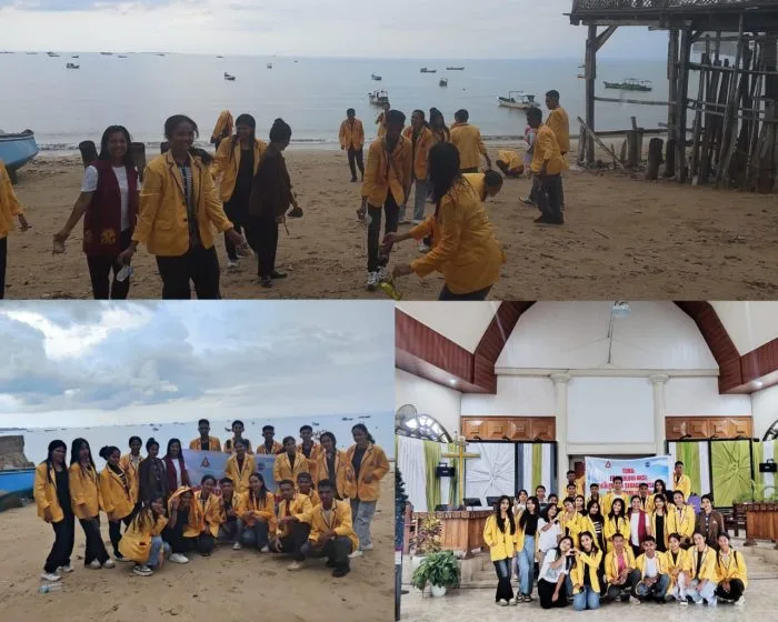 Mahasiswa BKK, Sosiologi Agama, dan Misiologi berkolaborasi dalam kegiatan PKM di Gereja GMIT Nazaret Oesapa Timur, Kota Kupang (Minggu, 7 Desember 2025), mengusung tema *“Ekoteologi Aksi: Bersih Pantai sebagai Aksi Iman untuk Bumi Lestari.